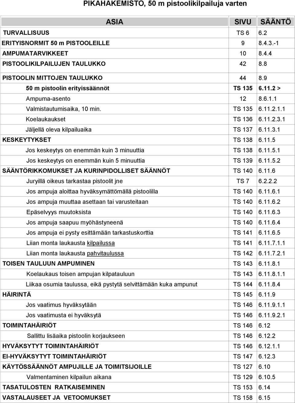 11.3.1 KESKEYTYKSET TS 138 6.11.5 Jos keskeytys on enemmän kuin 3 minuuttia TS 138 6.11.5.1 Jos keskeytys on enemmän kuin 5 minuuttia TS 139 6.11.5.2 SÄÄNTÖRIKKOMUKSET JA KURINPIDOLLISET SÄÄNNÖT TS 140 6.
