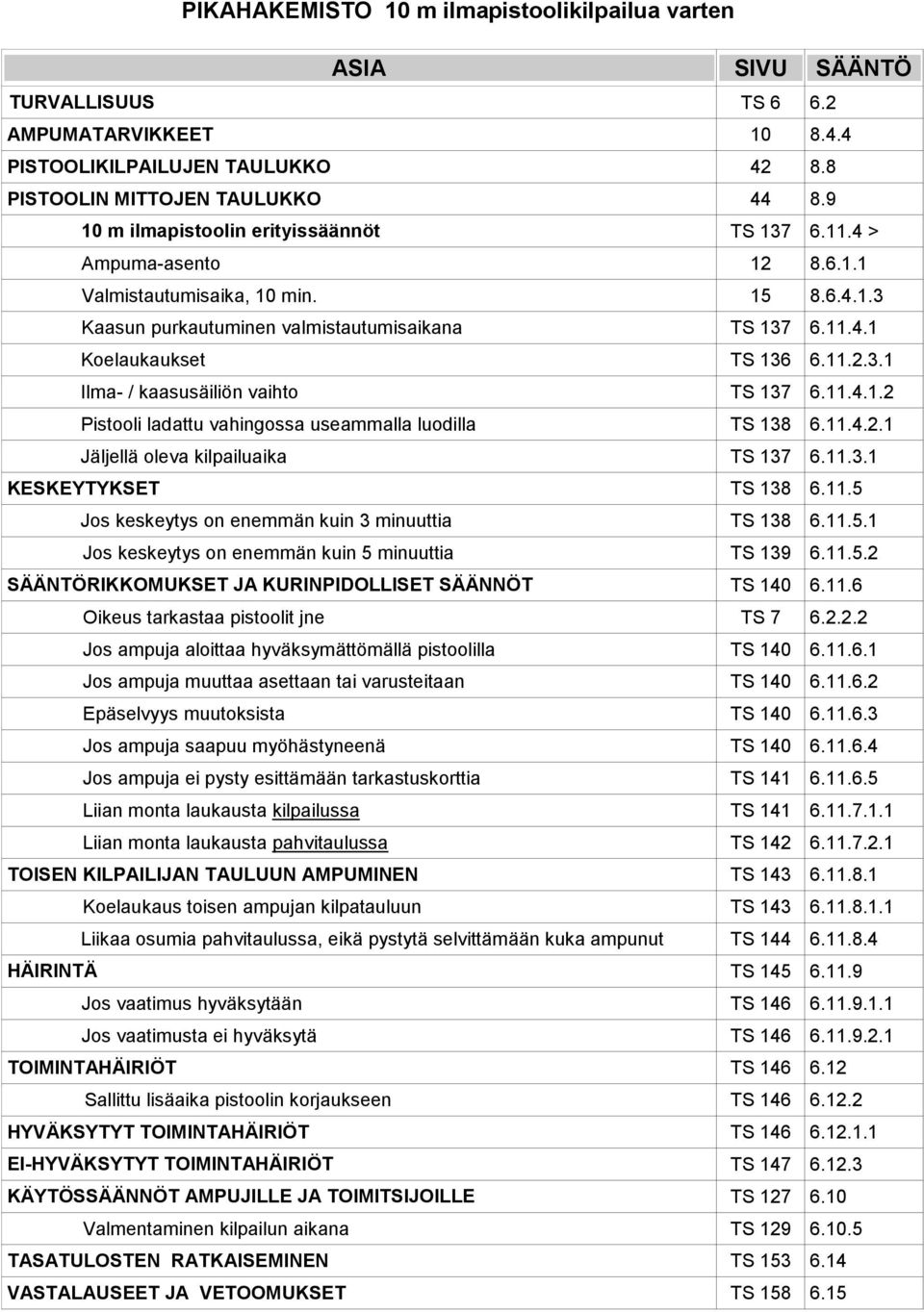 11.2.3.1 Ilma- / kaasusäiliön vaihto TS 137 6.11.4.1.2 Pistooli ladattu vahingossa useammalla luodilla TS 138 6.11.4.2.1 Jäljellä oleva kilpailuaika TS 137 6.11.3.1 KESKEYTYKSET TS 138 6.11.5 Jos keskeytys on enemmän kuin 3 minuuttia TS 138 6.