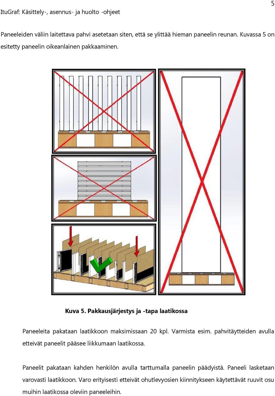 Pakkausjärjestys ja -tapa laatikossa Paneeleita pakataan laatikkoon maksimissaan 20 kpl. Varmista esim.