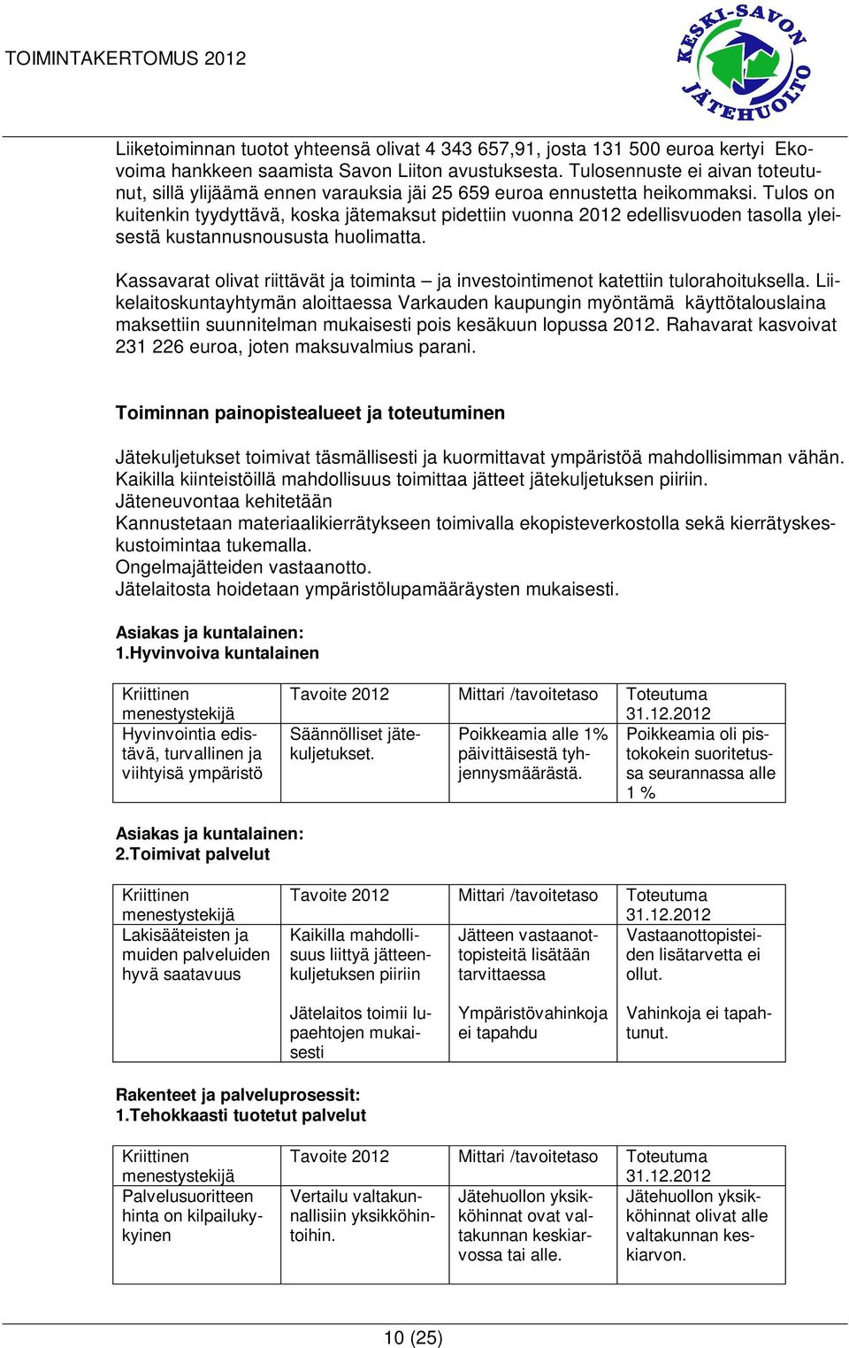 Tulos on kuitenkin tyydyttävä, koska jätemaksut pidettiin vuonna 2012 edellisvuoden tasolla yleisestä kustannusnoususta huolimatta.