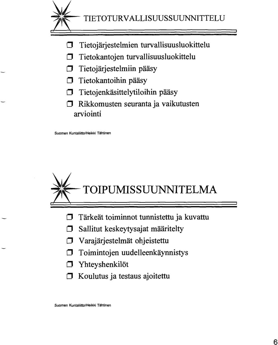 KuntaliittoIHeikki Tiihtinen TOIPUMIS SUUNNITELMA Cl Tärkeät toiminnot tunnistettu ja kuvattu D Sallitut keskeytysaj at maaritelty D