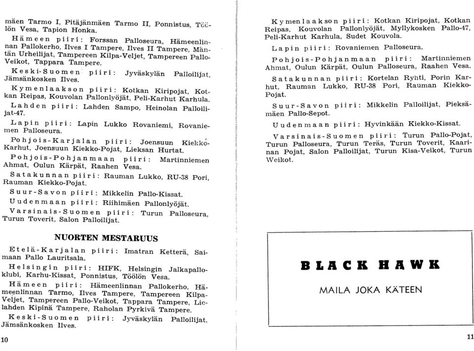 K y m e n l a a k s 0 n pii r i: Ktkan Kiripjat, Kt_ kan Reipas, Kuvlan PaIlnlyöjät, Peli-Karhut Karhula. La h den pii r i: Lahden Samp, Heinlan Pallilijat-47.