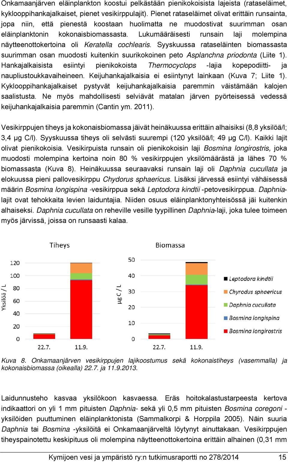 Lukumääräisesti runsain laji molempina näytteenottokertoina oli Keratella cochlearis.