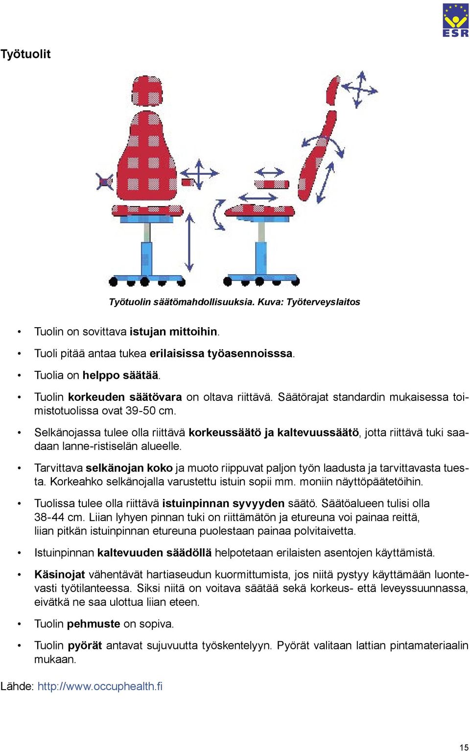 Selkänojassa tulee olla riittävä korkeussäätö ja kaltevuussäätö, jotta riittävä tuki saadaan lanne-ristiselän alueelle.