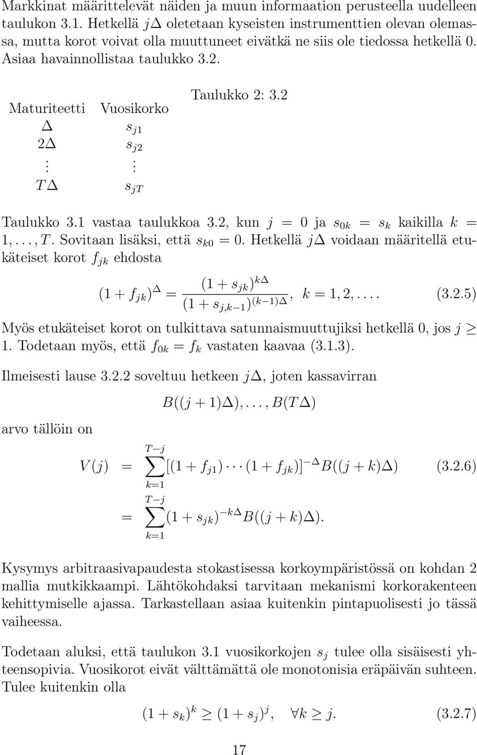 T Vuosikorko s j1 s j2. s jt Taulukko 2: 3.2 Taulukko 3.1 vastaa taulukkoa 3.2, kun j = 0 ja s 0k = s k kaikilla k = 1,..., T. Sovitaan lisäksi, että s k0 = 0.