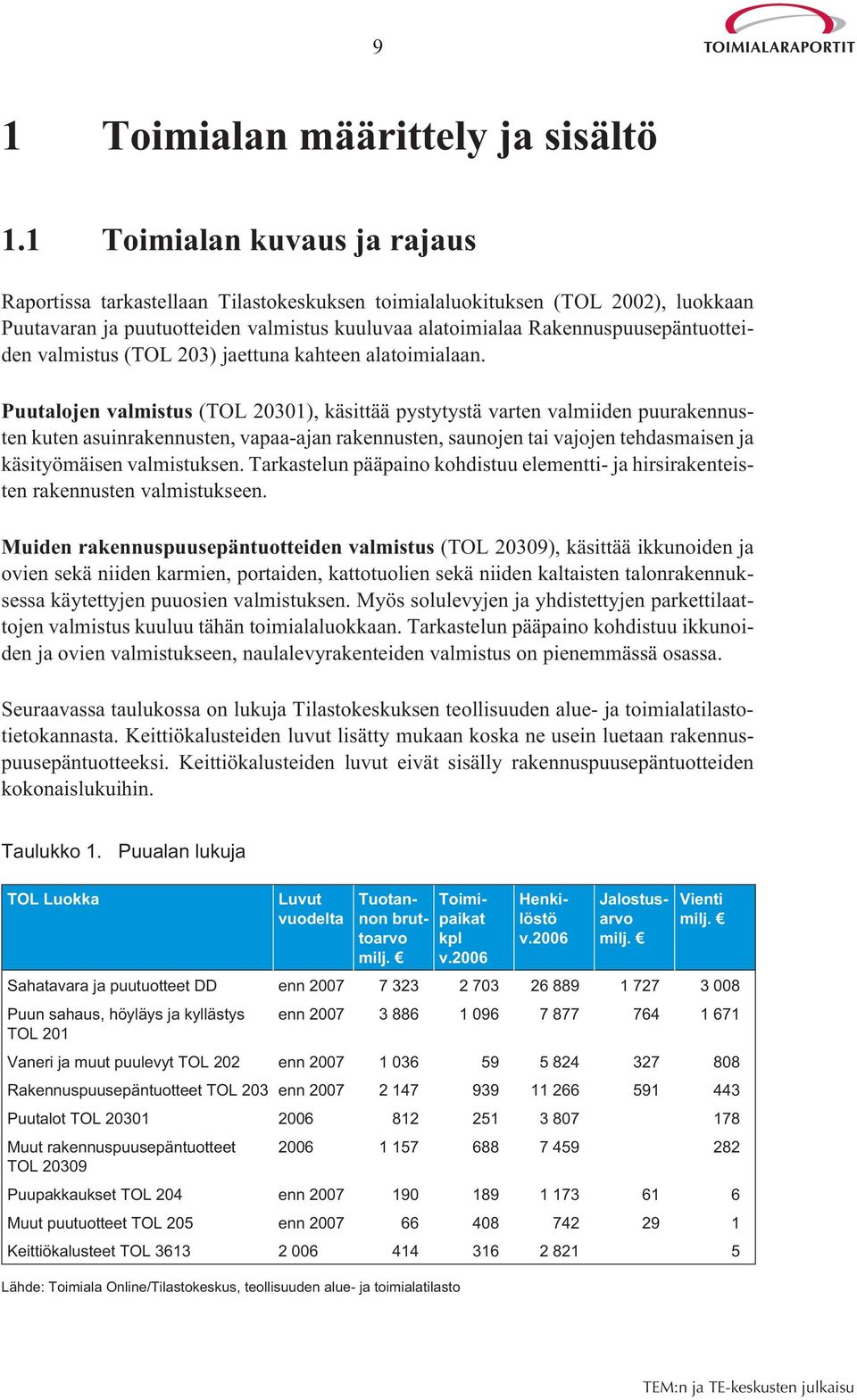 valmistus (TOL 203) jaettuna kahteen alatoimialaan.