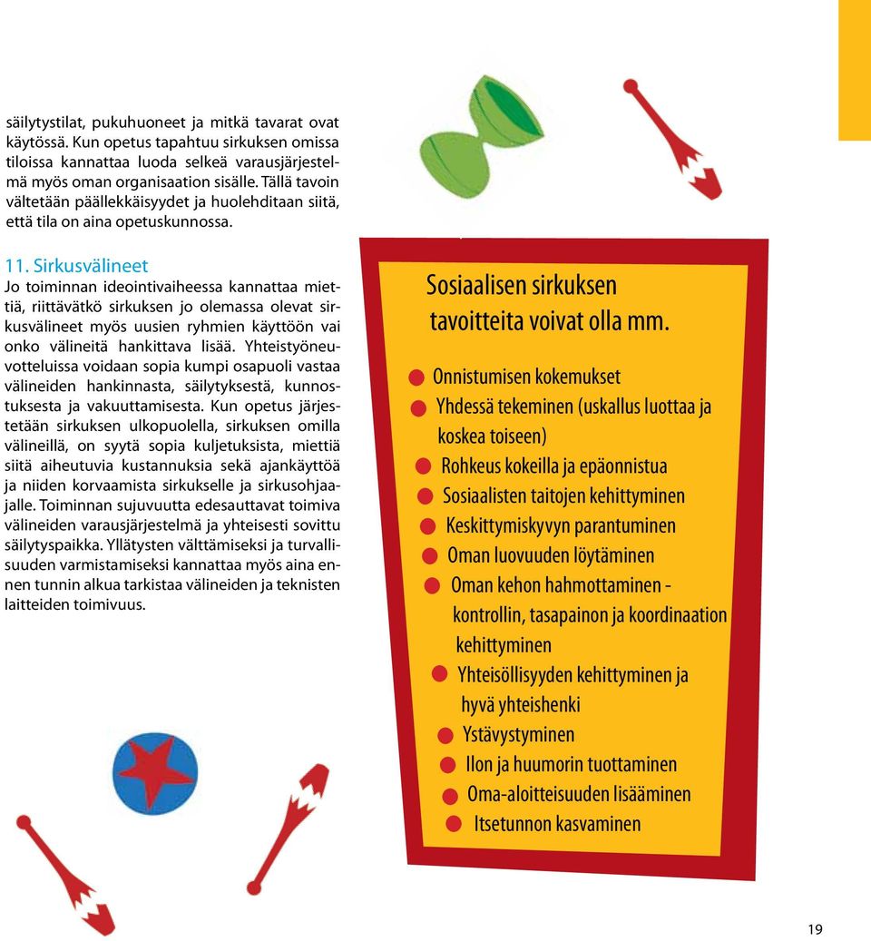 Sirkusvälineet Jo toiminnan ideointivaiheessa kannattaa miettiä, riittävätkö sirkuksen jo olemassa olevat sirkusvälineet myös uusien ryhmien käyttöön vai onko välineitä hankittava lisää.