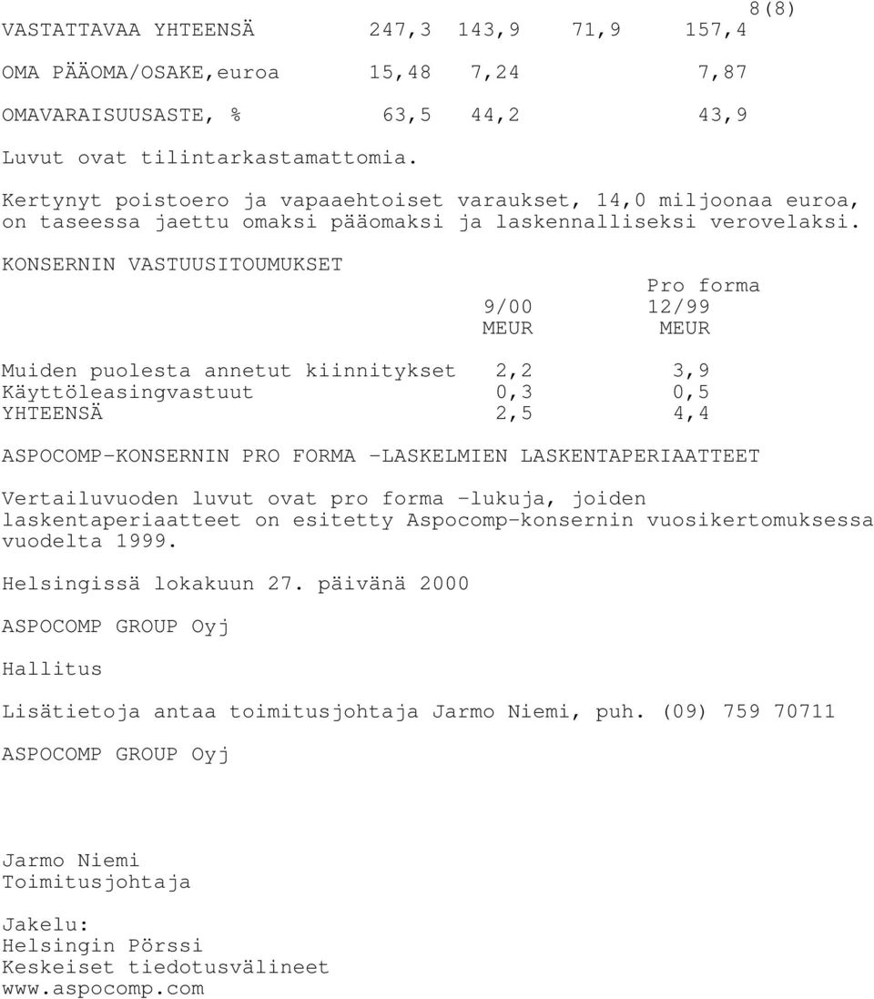 KONSERNIN VASTUUSITOUMUKSET Pro forma 9/00 12/99 MEUR MEUR Muiden puolesta annetut kiinnitykset 2,2 3,9 Käyttöleasingvastuut 0,3 0,5 YHTEENSÄ 2,5 4,4 ASPOCOMP-KONSERNIN PRO FORMA -LASKELMIEN