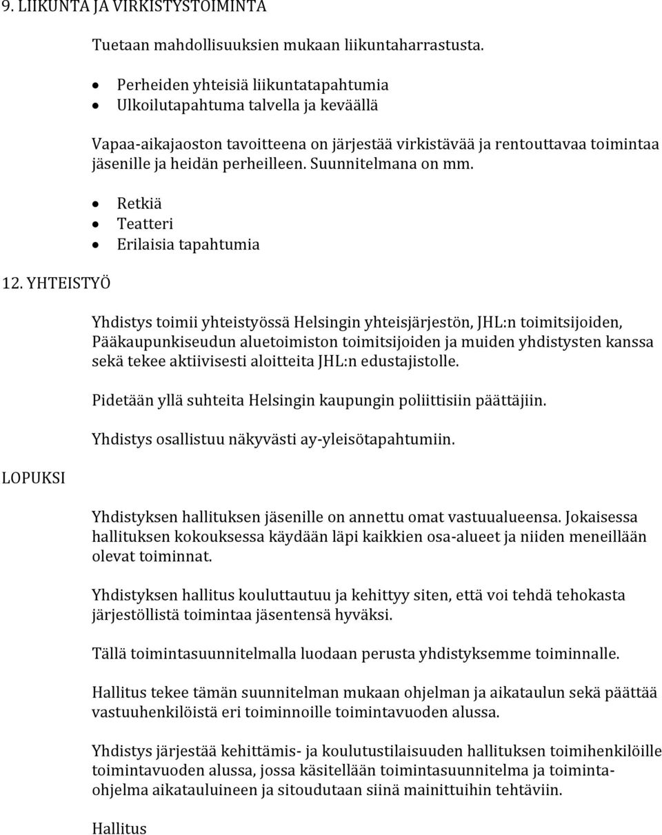 Suunnitelmana on mm. Retkiä Teatteri Erilaisia tapahtumia 12.