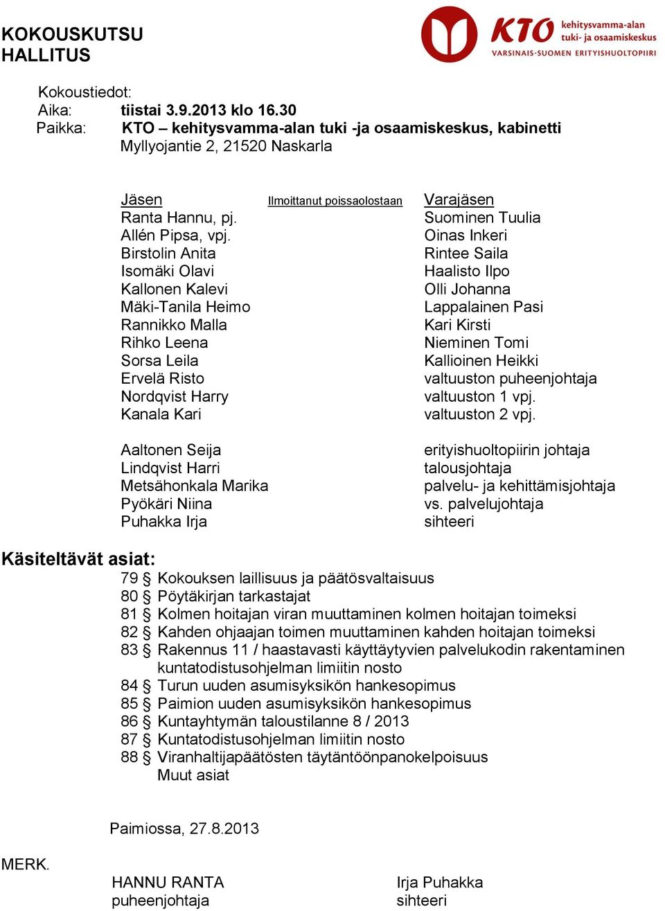 Oinas Inkeri Birstolin Anita Rintee Saila Isomäki Olavi Haalisto Ilpo Kallonen Kalevi Olli Johanna Mäki-Tanila Heimo Lappalainen Pasi Rannikko Malla Kari Kirsti Rihko Leena Nieminen Tomi Sorsa Leila