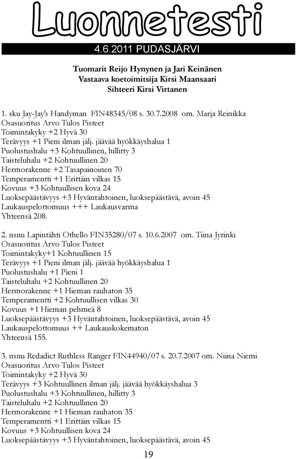 jäävää hyökkäyshalua 1 Puolustushalu +3 Kohtuullinen, hillitty 3 Taisteluhalu +2 Kohtuullinen 20 Hermorakenne +2 Tasapainoinen 70 Temperamentti +1 Erittäin vilkas 15 Kovuus +3 Kohtuullisen kova 24