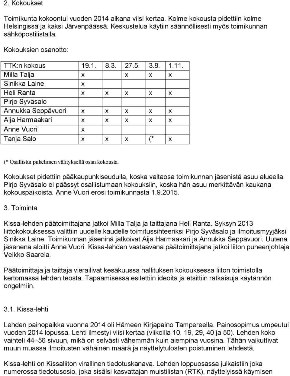 Milla Talja x x x x Sinikka Laine x Heli Ranta x x x x x Pirjo Syväsalo Annukka Seppävuori x x x x x Aija Harmaakari x x x x x Anne Vuori x Tanja Salo x x x (* x (* Osallistui puhelimen välityksellä