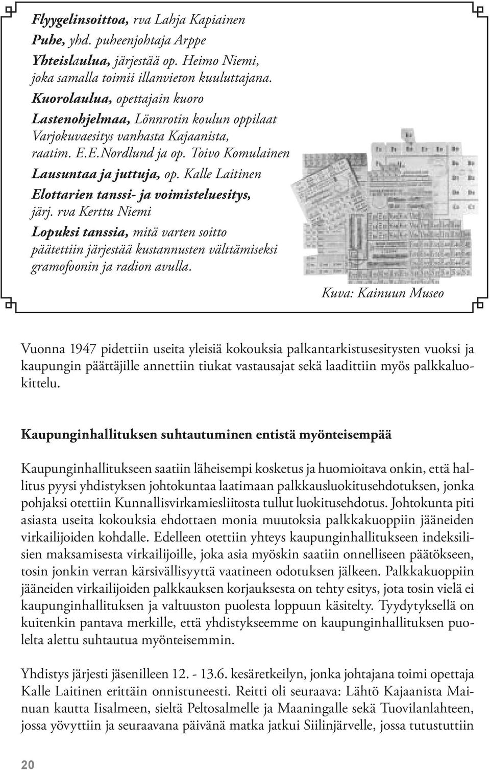 Kalle Laitinen Elottarien tanssi- ja voimisteluesitys, järj. rva Kerttu Niemi Lopuksi tanssia, mitä varten soitto päätettiin järjestää kustannusten välttämiseksi gramofoonin ja radion avulla.