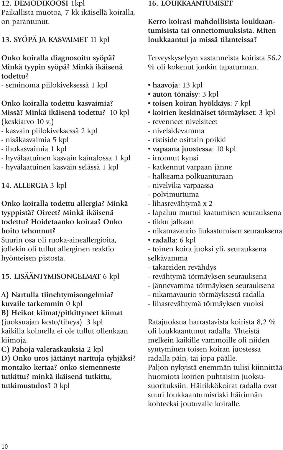 ) - kasvain piilokiveksessä 2 kpl - nisäkasvaimia 5 kpl - ihokasvaimia 1 kpl - hyvälaatuinen kasvain kainalossa 1 kpl - hyvälaatuinen kasvain selässä 1 kpl 14.