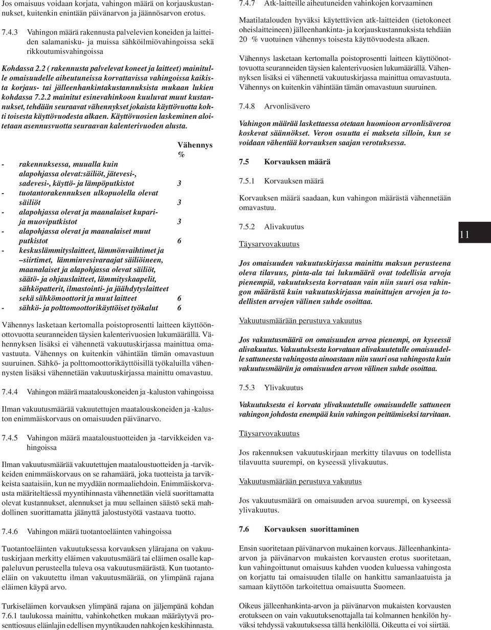 2 ( rakennusta palvelevat koneet ja laitteet) mainitulle omaisuudelle aiheutuneissa korvattavissa vahingoissa kaikista korjaus- tai jälleenhankintakustannuksista mukaan lukien kohdassa 7.2.2 mainitut esinevahinkoon kuuluvat muut kustannukset, tehdään seuraavat vähennykset jokaista käyttövuotta kohti toisesta käyttövuodesta alkaen.