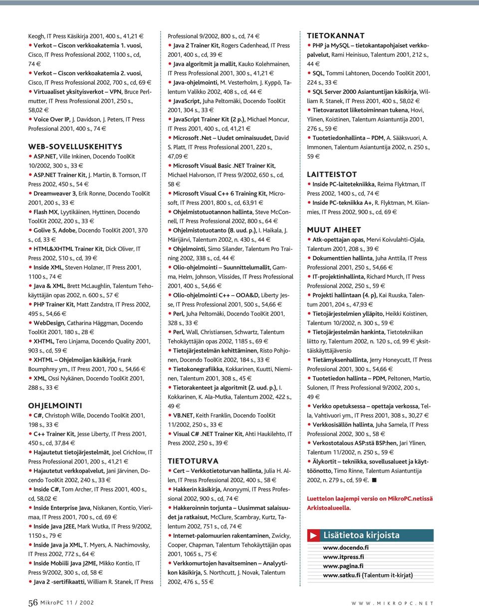 Peters, IT Press Professional 2001, 400 s., 74 WEB-SOVELLUSKEHITYS ASP.NET, Ville Inkinen, Docendo ToolKit 10/2002, 300 s., 33 ASP.NET Trainer Kit, J. Martin, B. Tomson, IT Press 2002, 450 s.