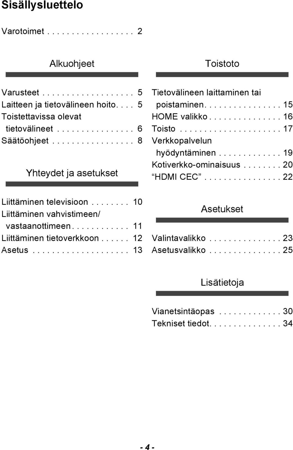 ............ 19 Kotiverkko-ominaisuus........ 20 HDMI CEC................ 22 Liittäminen televisioon........ 10 Liittäminen vahvistimeen/ vastaanottimeen............ 11 Liittäminen tietoverkkoon.