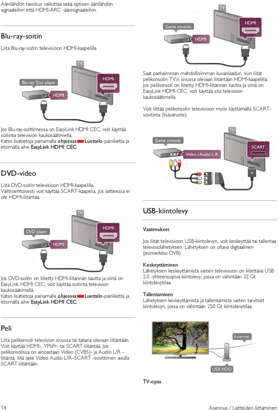 Jos pelikonsoli on liitetty HDMI-liitännän kautta ja siinä on EasyLink HDMI CEC, voit käyttää sitä television kaukosäätimellä.