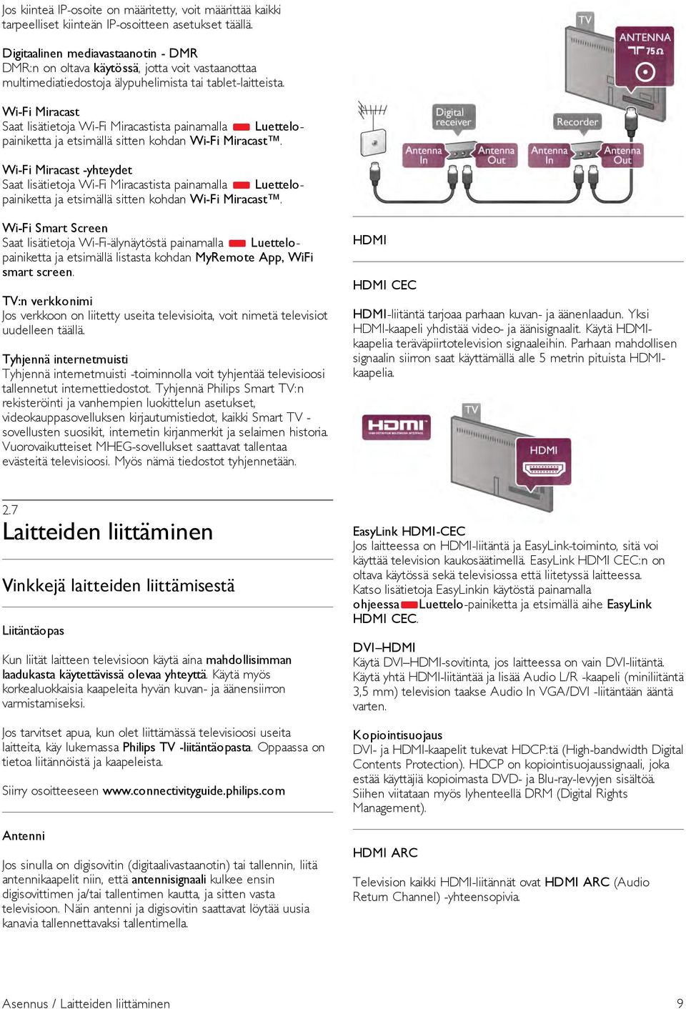 Wi-Fi Miracast Saat lisätietoja Wi-Fi Miracastista painamalla * Luettelopainiketta ja etsimällä sitten kohdan Wi-Fi Miracast.