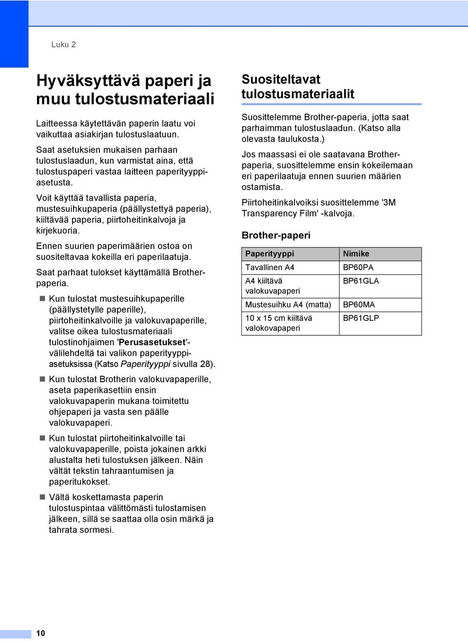 Voit käyttää tavallista paperia, mustesuihkupaperia (päällystettyä paperia), kiiltävää paperia, piirtoheitinkalvoja ja kirjekuoria.