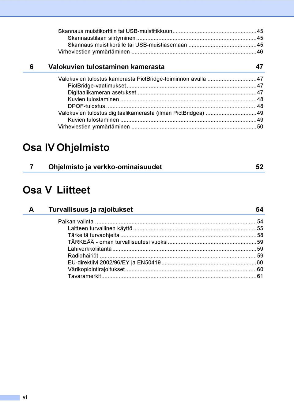 ..48 DPOF-tulostus...48 Valokuvien tulostus digitaalikamerasta (ilman PictBridgea)...49 Kuvien tulostaminen...49 Virheviestien ymmärtäminen.