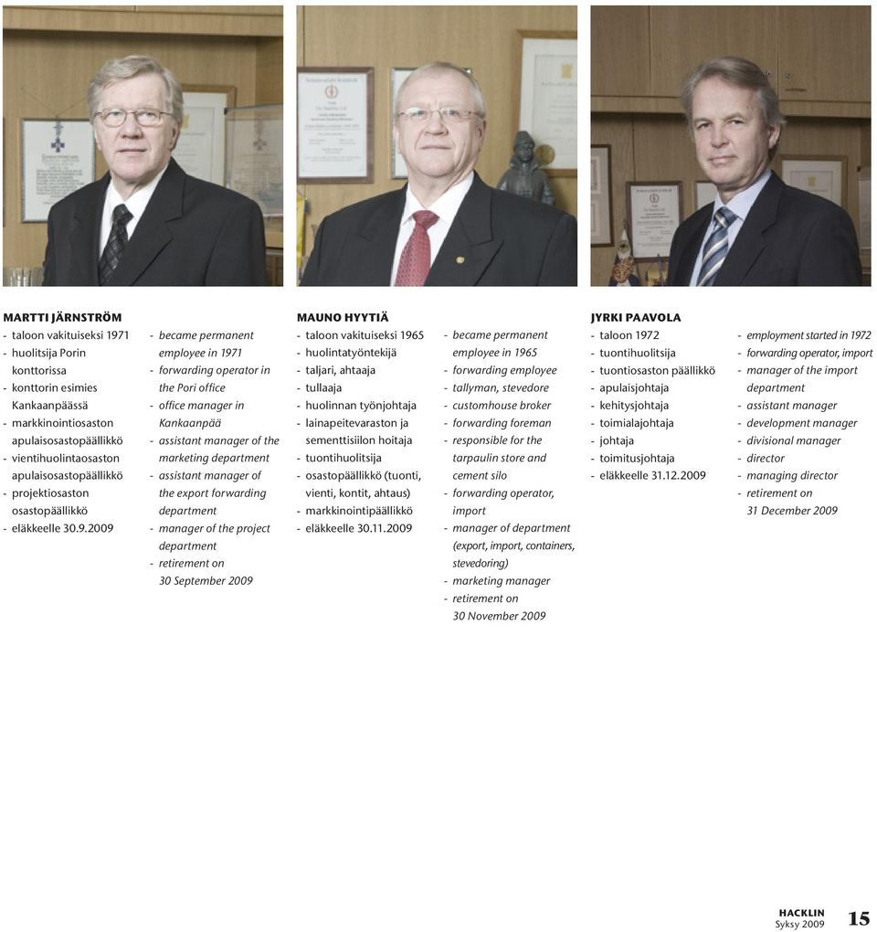 2009 - became permanent employee in 1971 - forwarding operator in the Pori office - office manager in Kankaanpää - assistant manager of the marketing department - assistant manager of the export