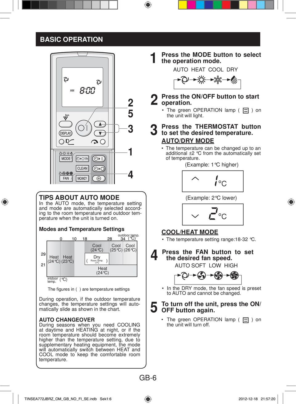 turned on. Modes and Temperature Settings outdoor temp. ( C) Cool Cool Cool (4 C) (5 C) (6 C) Heat Heat (4 C) ( C) ( Dry Room Temp. - C ) Heat (4 C) intdoor ( C) temp.