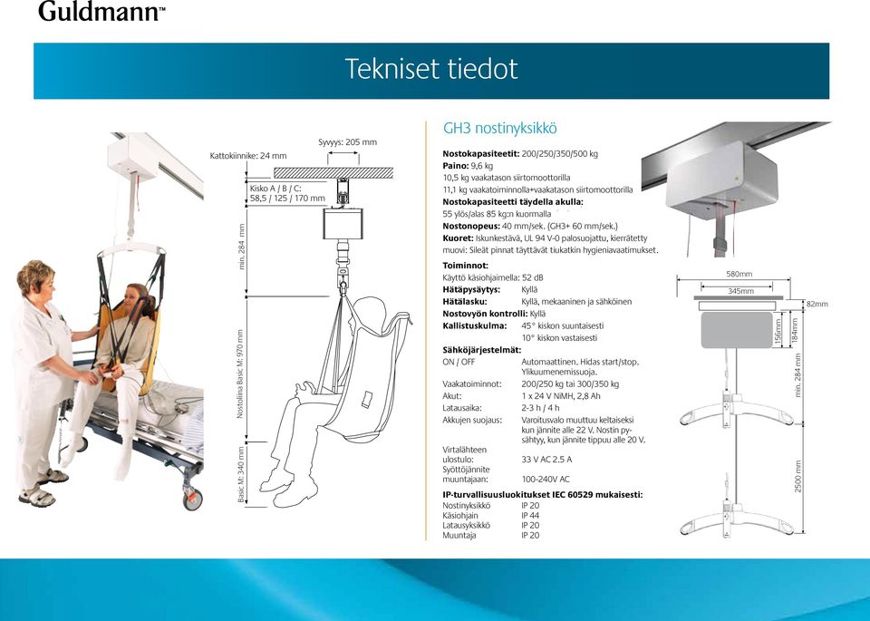 siirtomoottorilla 11,1 kg vaakatoiminnolla+vaakatason siirtomoottorilla Nostokapasiteetti täydella akulla: 55 ylös/alas 85 kg:n kuormalla Nostonopeus: 40 mm/sek. (GH3+ 60 mm/sek.