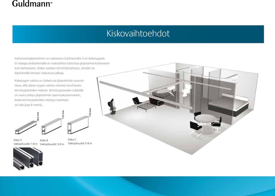 Kiskot voidaan kiinnittää kattoon, seinään tai käyttämällä lattiaan tukeutuvia jalkoja.