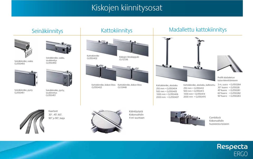 GU12448 Kattokiinnike, alaslasku 250 mm = GU550404 500 mm = GU550405 1000 mm = GU550406 2000 mm = GU550407 Kattokiinnike, alaslasku, kallistettu 250 mm = GU550412 500 mm = GU550413 1000 mm = GU550414