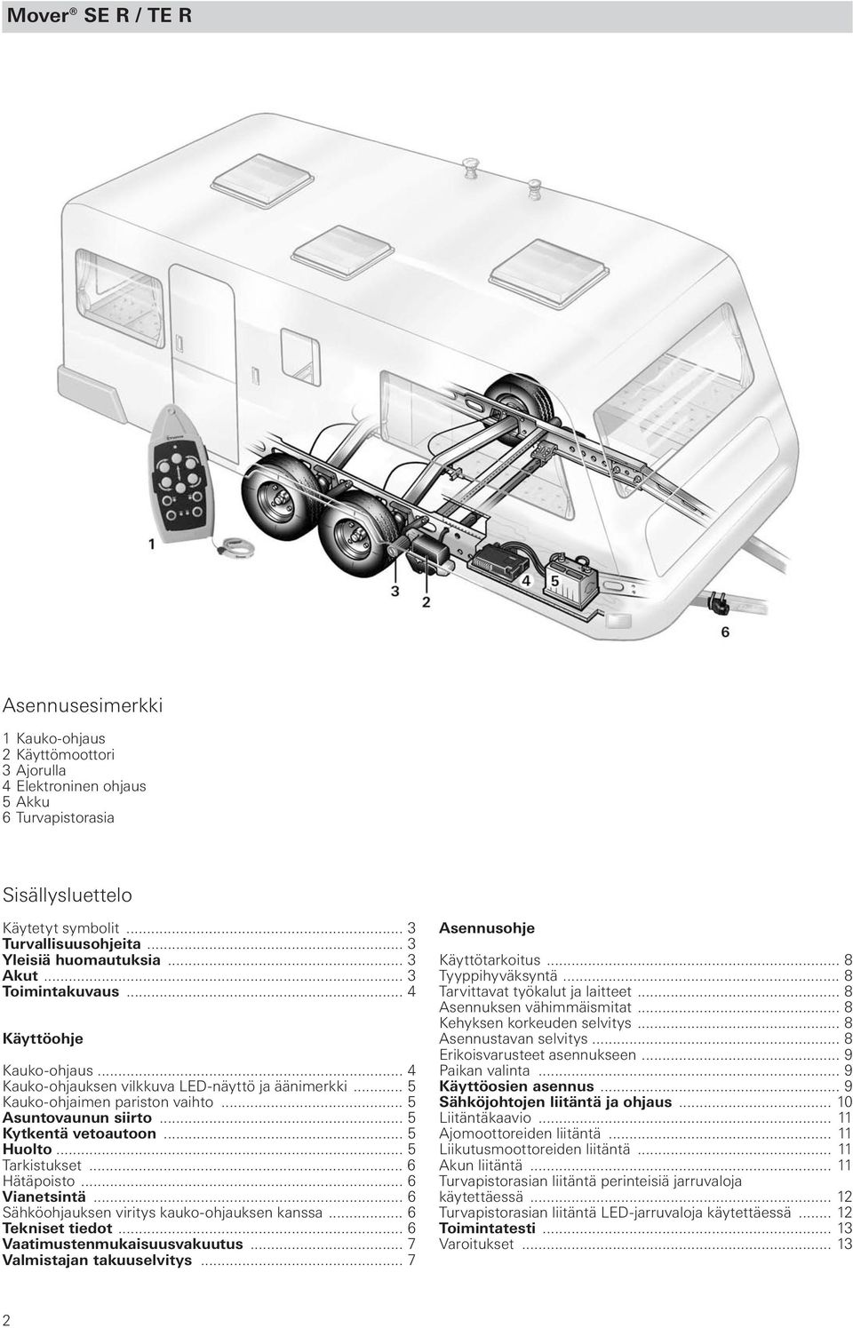 .. 5 Kytkentä vetoautoon... 5 Huolto... 5 Tarkistukset... 6 Hätäpoisto... 6 Vianetsintä... 6 Sähköohjauksen viritys kauko-ohjauksen kanssa... 6 Tekniset tiedot... 6 Vaatimustenmukaisuusvakuutus.