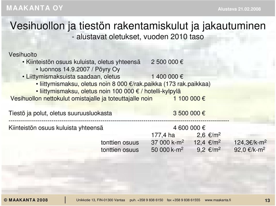 paikkaa) liittymismaksu, oletus noin 100 000 / hotelli-kylpylä Vesihuollon nettokulut omistajalle ja toteuttajalle noin 1 100 000 Tiestö ja polut, oletus suuruusluokasta 3 500 000