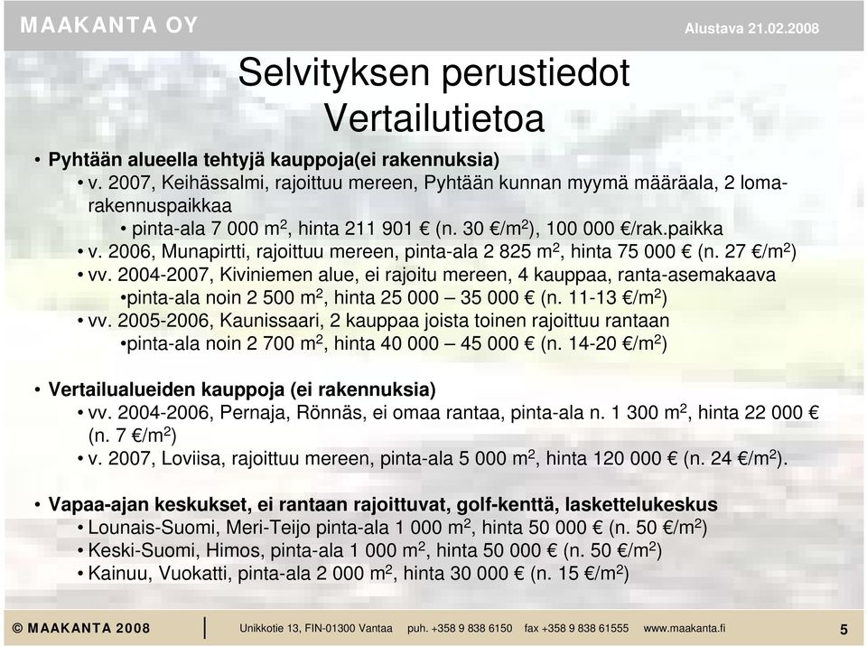 2006, Munapirtti, rajoittuu mereen, pinta-ala 2 825 m 2, hinta 75 000 (n. 27 /m 2 ) vv.