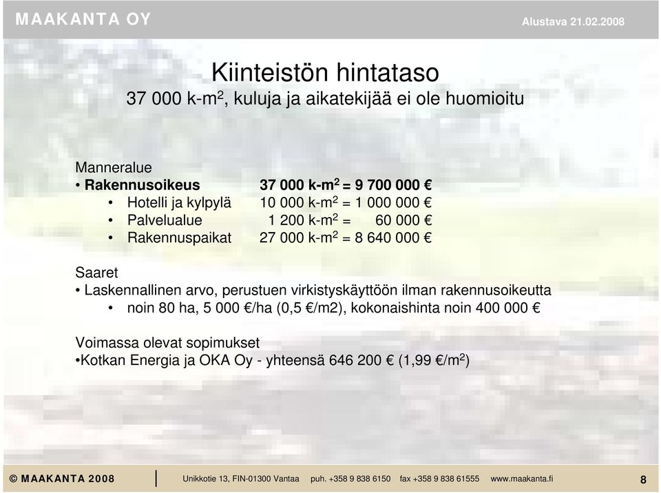 8 640 000 Saaret Laskennallinen arvo, perustuen virkistyskäyttöön ilman rakennusoikeutta noin 80 ha, 5 000 /ha (0,5