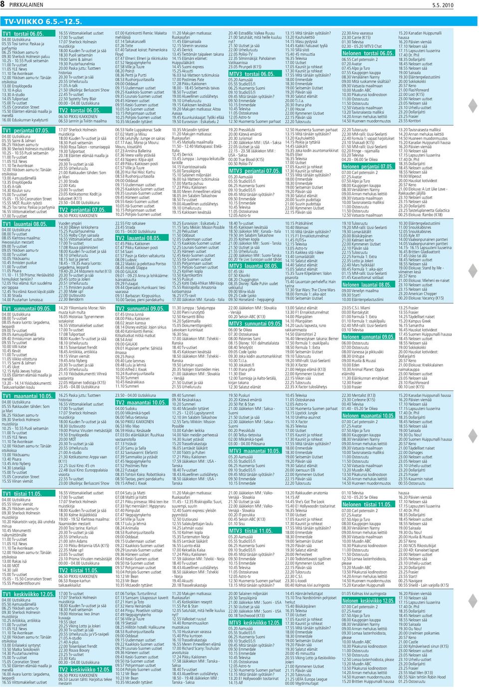 50 Eläinten elämää maalla ja merellä 16.00 Eduskunnan kyselytunti TV1 perjantai 07.05. 05.55 Saimi & Jalmari 06.25 Ykkösen aamu-tv 09.30 Sherlock Holmesin 10.25-10.55 Puoli seitsemän 11.