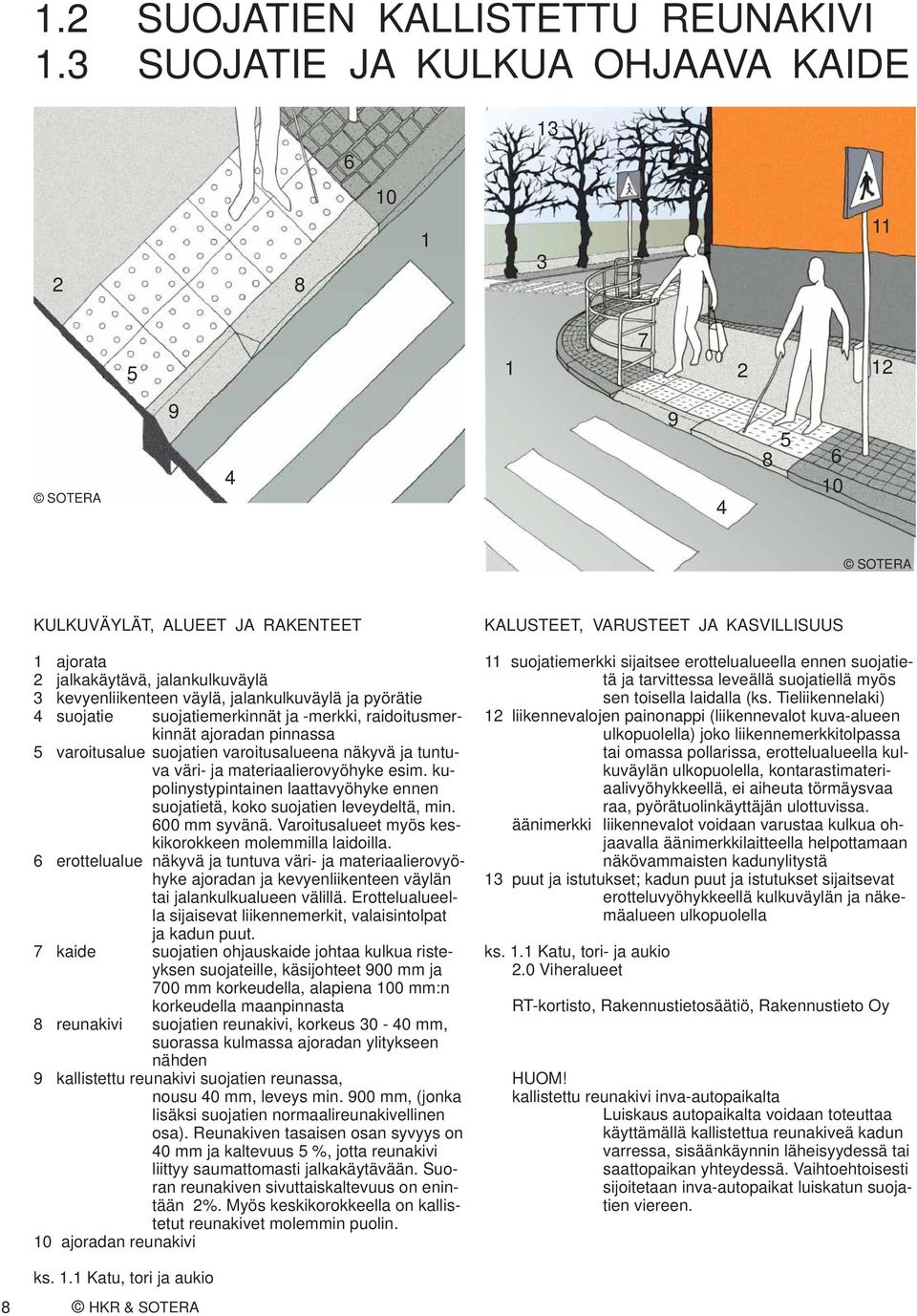 -merkki, raidoitusmerkinnät ajoradan pinnassa varoitusalue suojatien varoitusalueena näkyvä ja tuntuva väri- ja materiaalierovyöhyke esim.