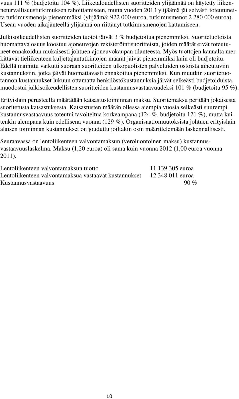 euroa, tutkimusmenot 2 280 000 euroa). Usean vuoden aikajänteellä ylijäämä on riittänyt tutkimusmenojen kattamiseen. Julkisoikeudellisten suoritteiden tuotot jäivät 3 % budjetoitua pienemmiksi.