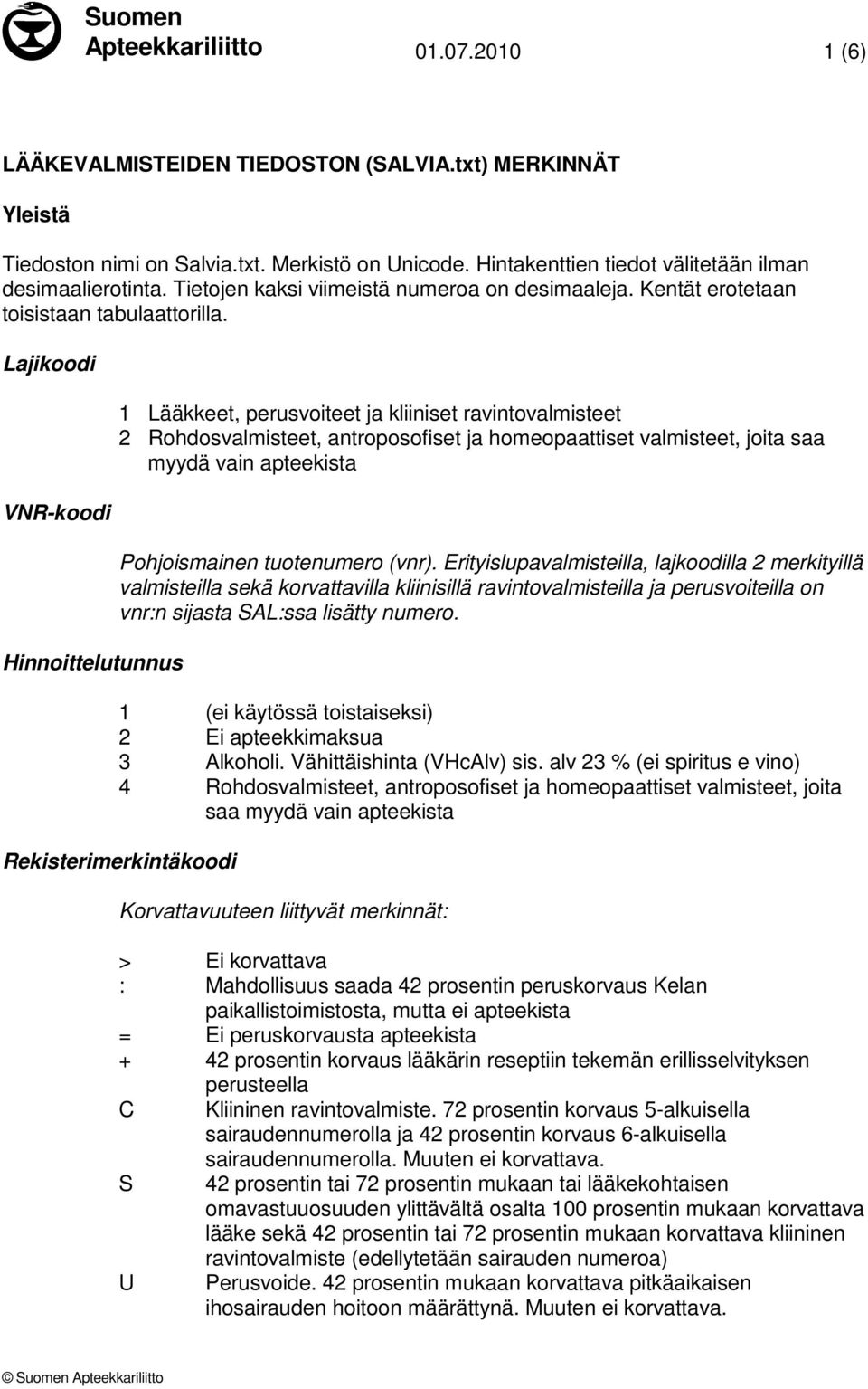 Lajikoodi VNR-koodi Hinnoittelutunnus 1 Lääkkeet, perusvoiteet ja kliiniset ravintovalmisteet 2 Rohdosvalmisteet, antroposofiset ja homeopaattiset valmisteet, joita saa myydä vain apteekista