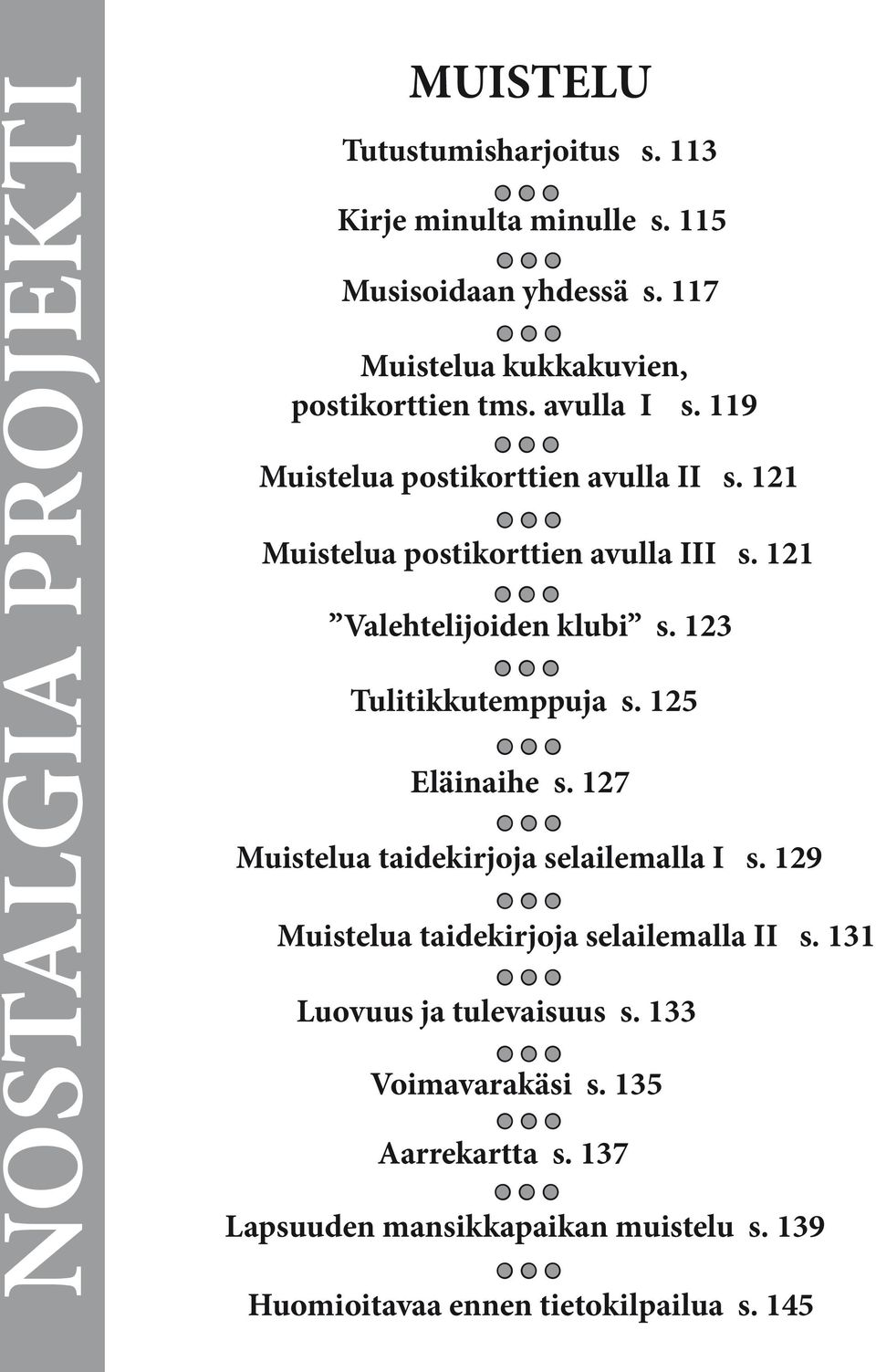 121 Muistelua postikorttien avulla III s. 121 Valehtelijoiden klubi s. 123 Tulitikkutemppuja s. 125 Eläinaihe s.