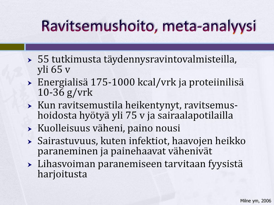 sairaalapotilailla Kuolleisuus väheni, paino nousi Sairastuvuus, kuten infektiot, haavojen