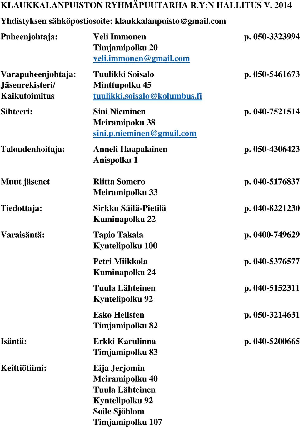 com Taloudenhoitaja: Anneli Haapalainen p. 050-4306423 Anispolku 1 Muut jäsenet Riitta Somero p. 040-5176837 Meiramipolku 33 Tiedottaja: Sirkku Säilä-Pietilä p.