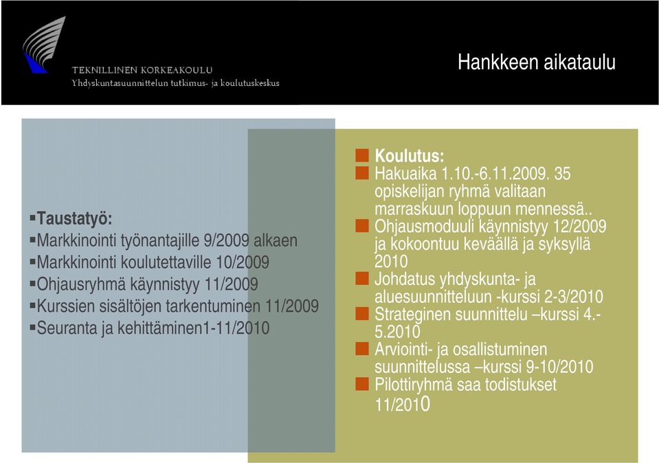 . Ohjausmoduuli käynnistyy 12/2009 ja kokoontuu keväällä ja syksyllä 2010 Johdatus yhdyskunta- ja aluesuunnitteluun -kurssi 2-3/2010 Strateginen