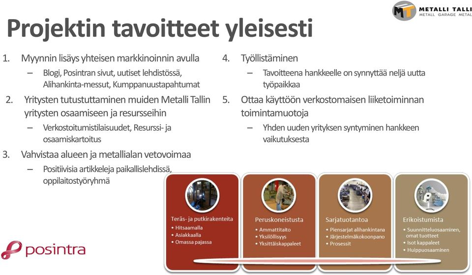 Yritysten tutustuttaminen muiden Metalli Tallin yritysten osaamiseen ja resursseihin Verkostoitumistilaisuudet, Resurssi- ja osaamiskartoitus 3.