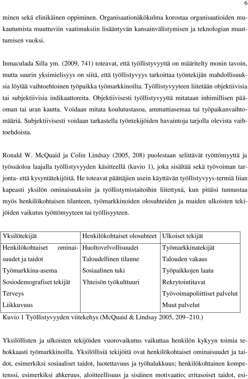 (2009, 741) toteavat, että työllistyvyyttä on määritelty monin tavoin, mutta suurin yksimielisyys on siitä, että työllistyvyys tarkoittaa työntekijän mahdollisuuksia löytää vaihtoehtoinen työpaikka