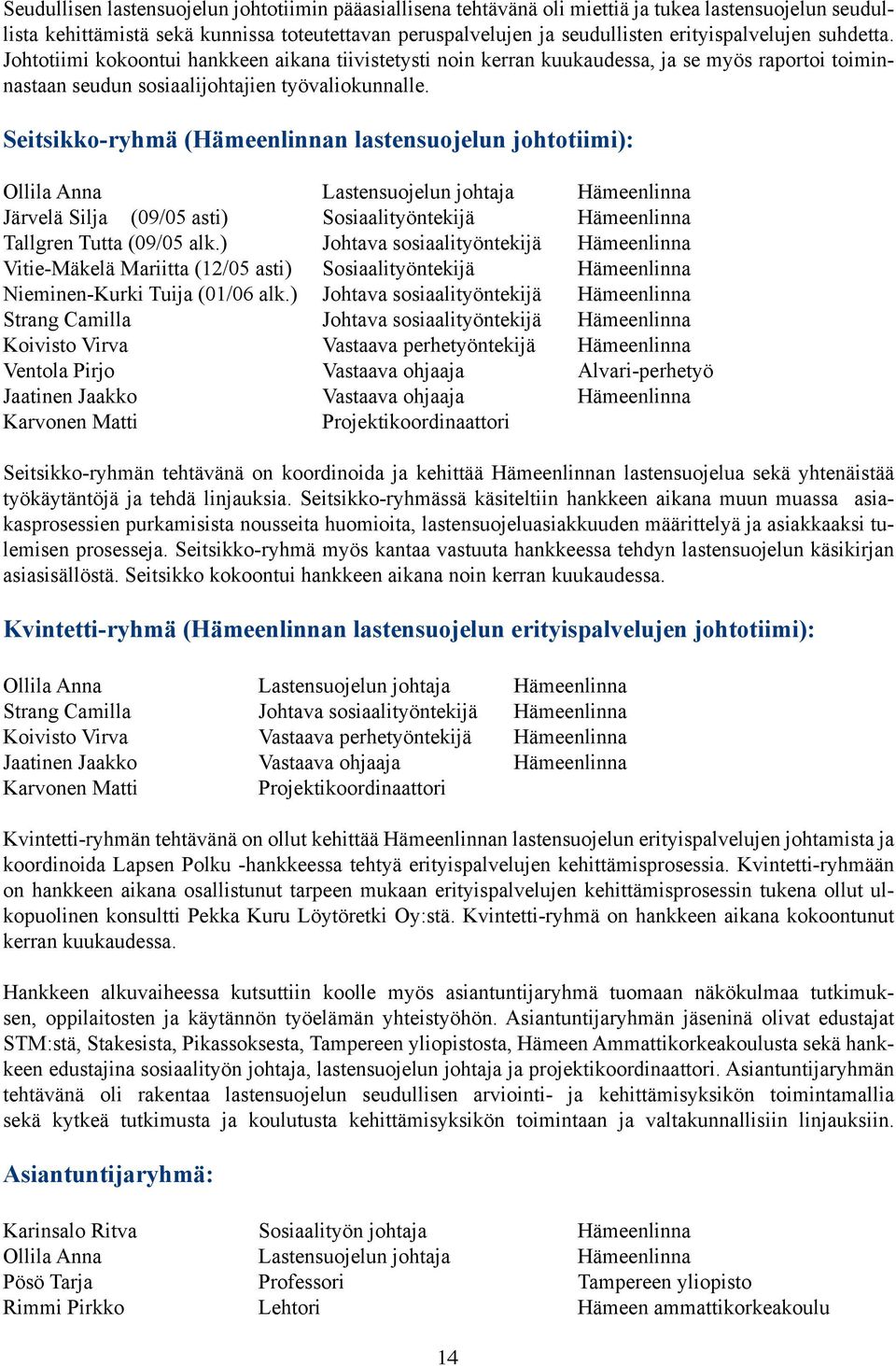 Seitsikko-ryhmä (Hämeenlinnan lastensuojelun johtotiimi): Ollila Anna Lastensuojelun johtaja Hämeenlinna Järvelä Silja (09/05 asti) Sosiaalityöntekijä Hämeenlinna Tallgren Tutta (09/05 alk.