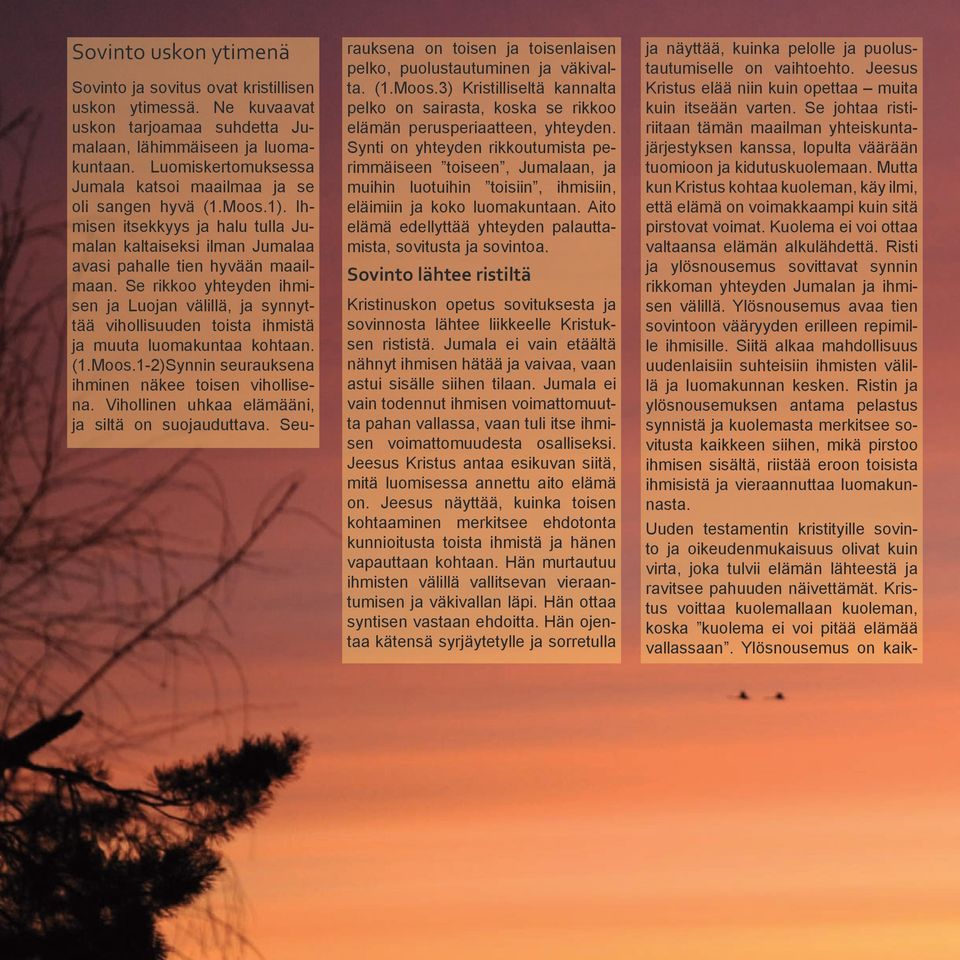 Se rikkoo yhteyden ihmisen ja Luojan välillä, ja synnyttää vihollisuuden toista ihmistä ja muuta luomakuntaa kohtaan. (1.Moos.1-2)Synnin seurauksena ihminen näkee toisen vihollisena.