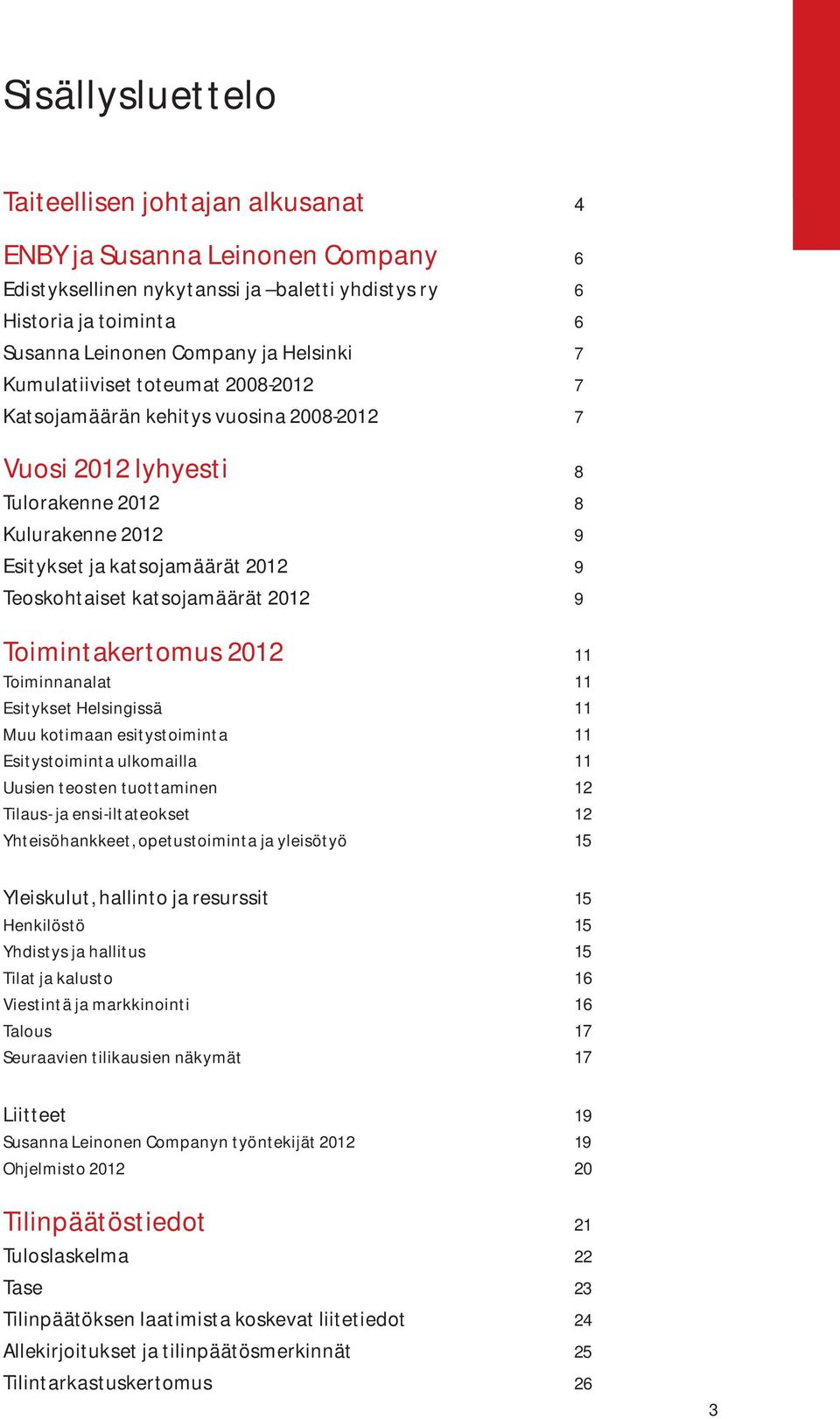 2012 9 Toimintakertomus 2012 11 Toiminnanalat 11 Esitykset Helsingissä 11 Muu kotimaan esitystoiminta 11 Esitystoiminta ulkomailla 11 Uusien teosten tuottaminen 12 Tilaus- ja ensi-iltateokset 12