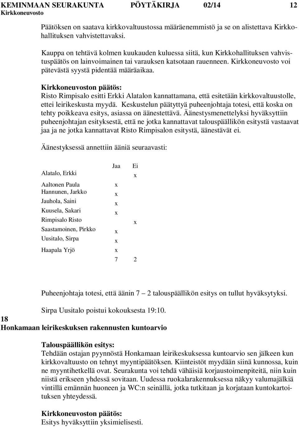 n päätös: Risto Rimpisalo esitti Erkki Alatalon kannattamana, että esitetään kirkkovaltuustolle, ettei leirikeskusta myydä.