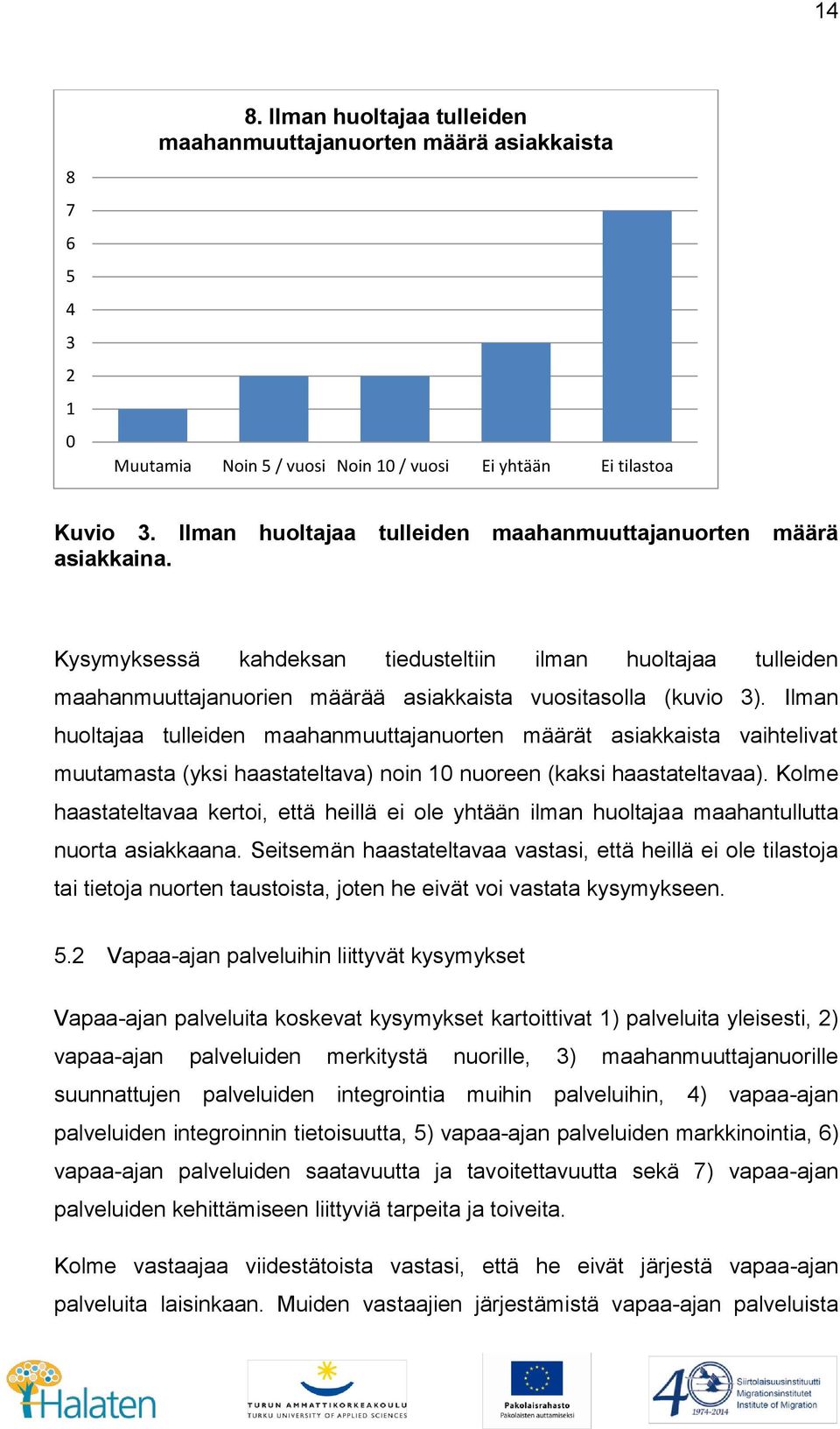 Ilman huoltajaa tulleiden maahanmuuttajanuorten määrät asiakkaista vaihtelivat muutamasta (yksi haastateltava) noin 10 nuoreen (kaksi haastateltavaa).