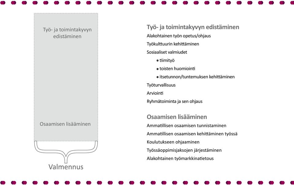 kehittäminen Työturvallisuus Arviointi Ryhmätoiminta ja sen ohjaus Osaamisen lisääminen Ammatillisen osaamisen